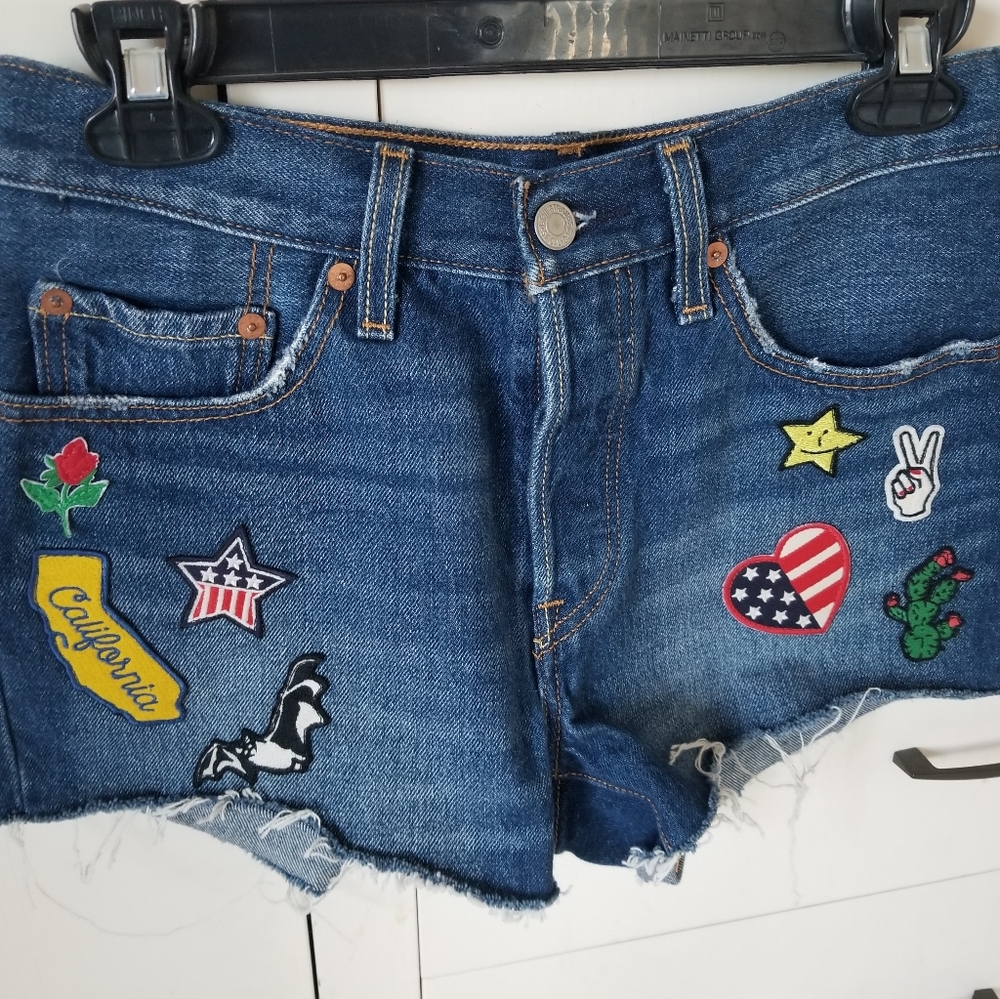 Levi's  redone cropped  custom California  rose star patched jean shorts sz 26